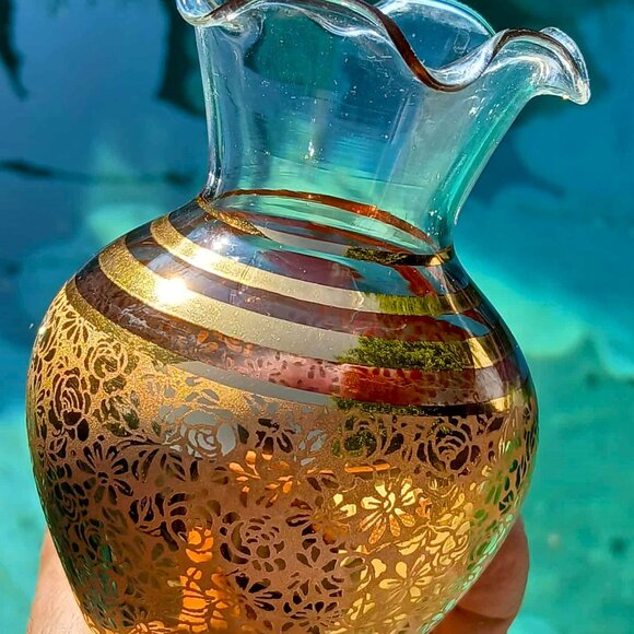 3 Set MCM Vintage Ransgil Crystal Gold Gilded Overlay Floral Ruffle Topped Vases - Picture 4 of 8